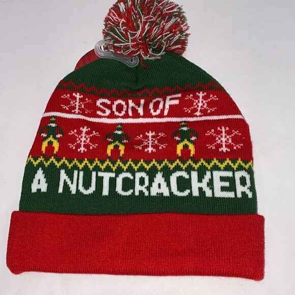 Concept One Son Of A Nutcracker Elf Beanie Hat Knit Cap With Pom Pom Red Green - Picture 4 of 6